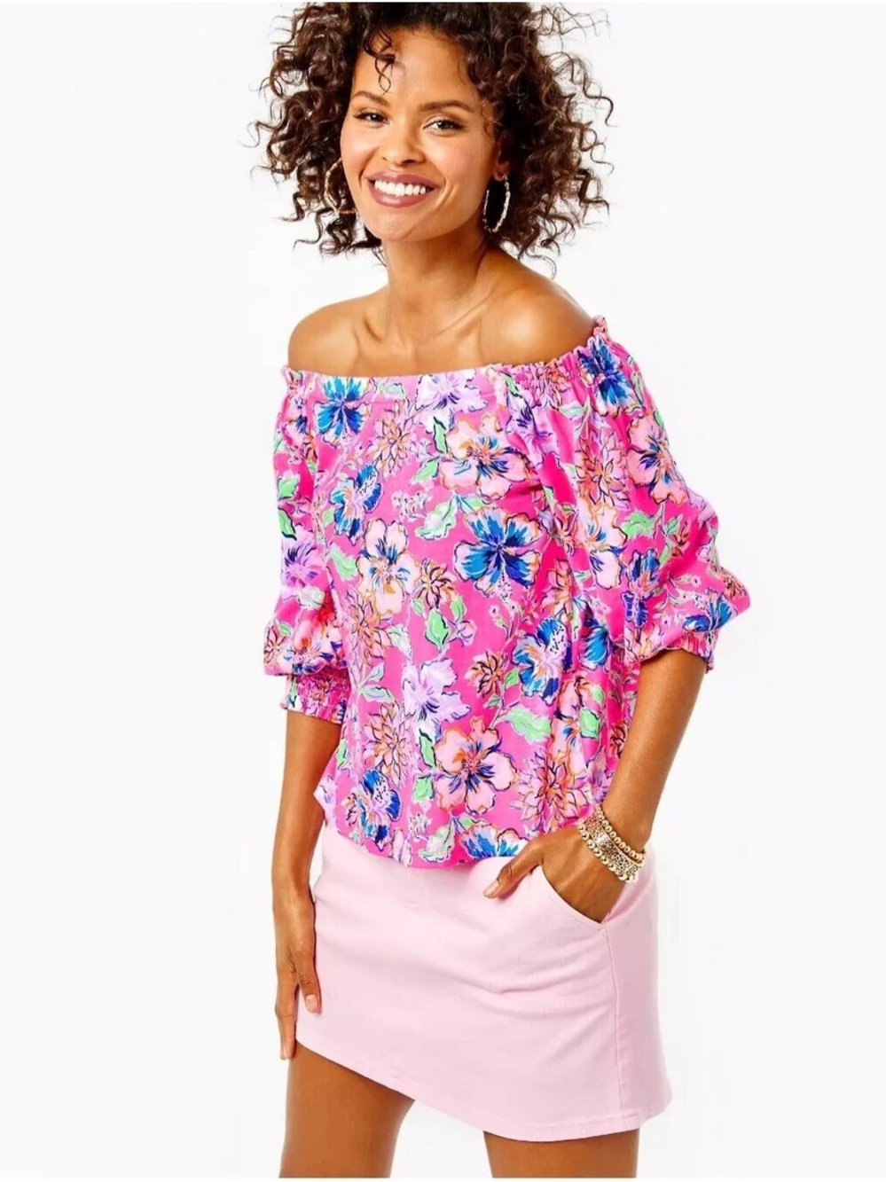 Lilly Pulitzer Lessa Pink Floral Off-Shoulder Top